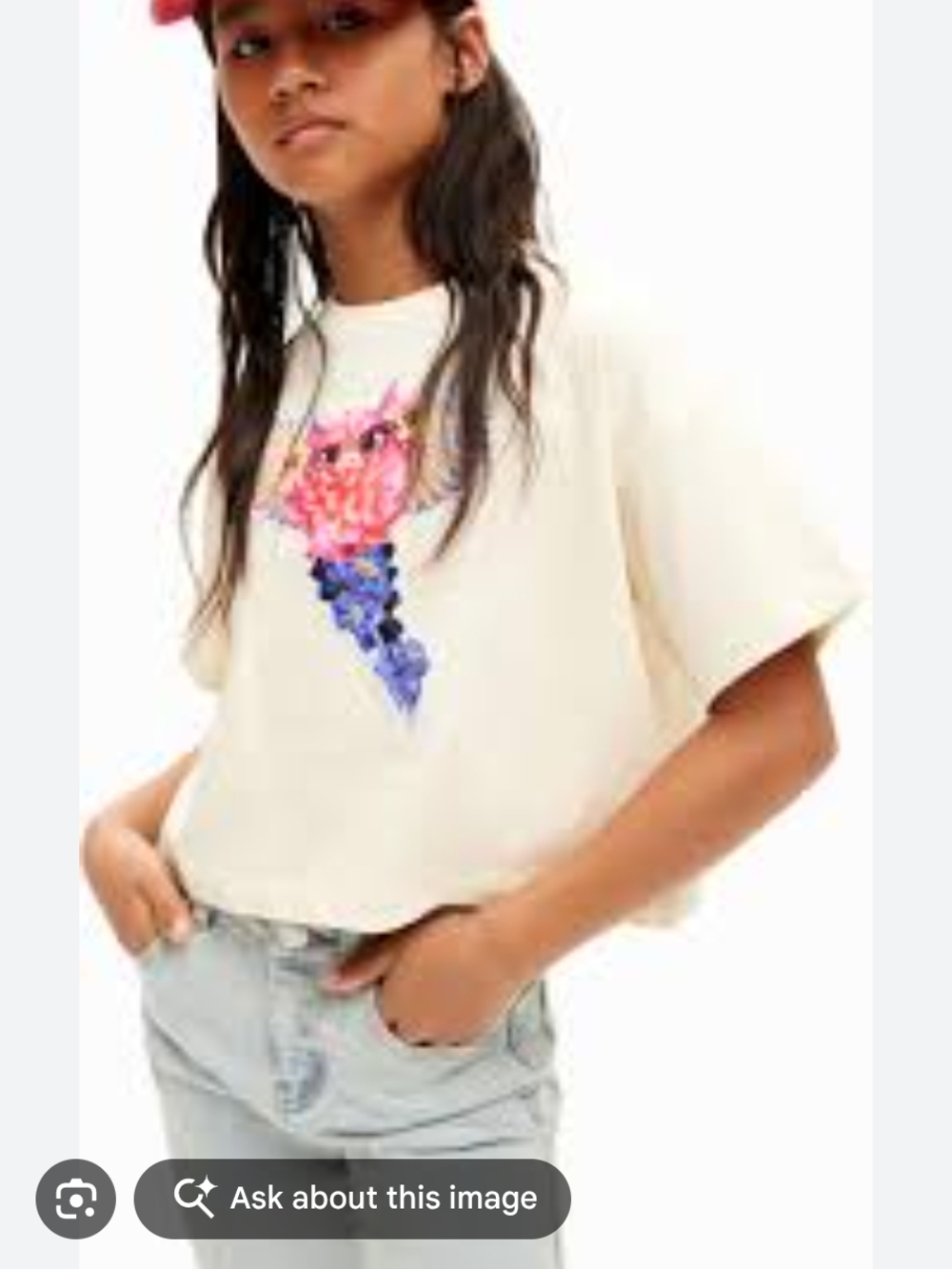 Desigual Cream Short-Sleeve Tee with Pink & Blue Owl Graphic